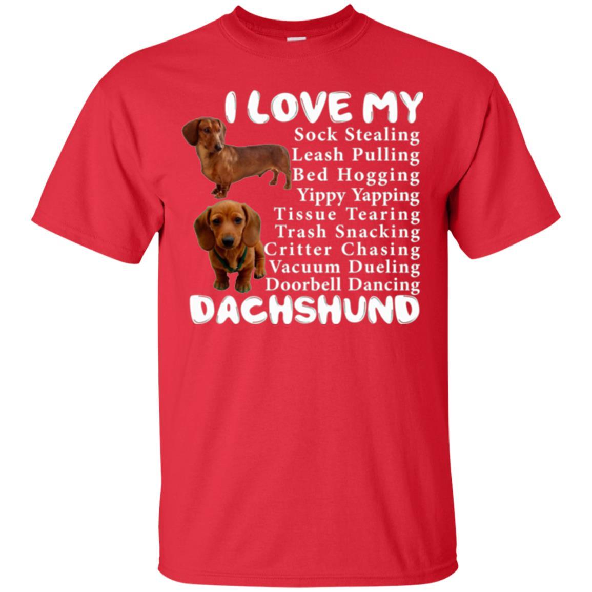 Dachshund T-shirt Sock Stealing Bed Hogging Red