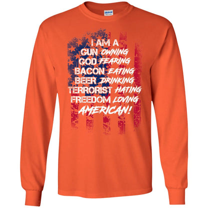 Military T-shirt I Am A Gun Owning God Fearing Bacon Eating Orange
