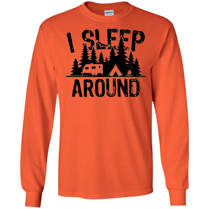 Funny Camping T-shirt I Sleep Around Orange