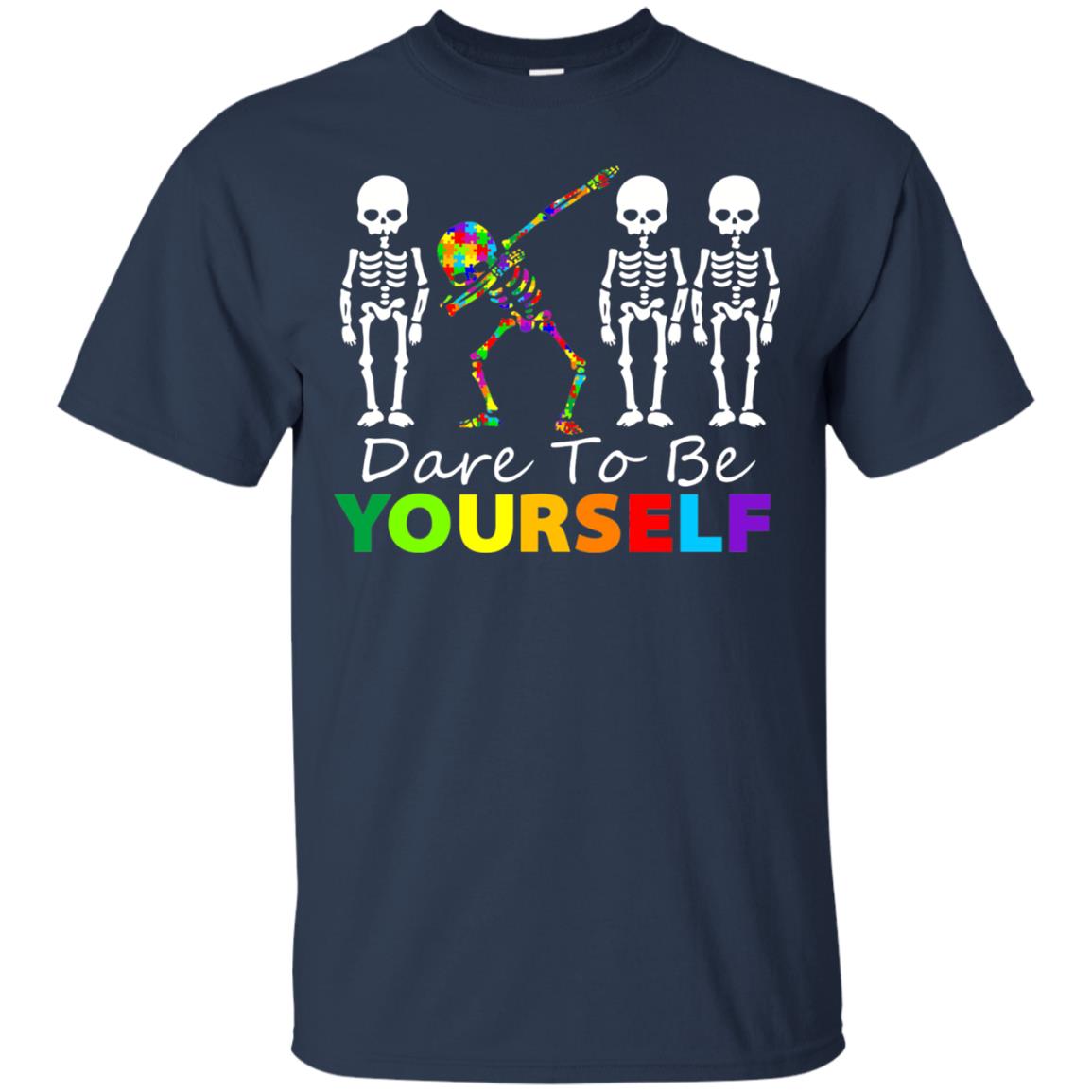 Skeleton Dabbing Dare To Be Yourself Autism Awareness Shirt Navy