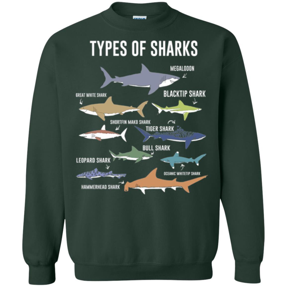 Shark Lover T-shirt 9 Types Of Sharks Ocean Forest Green