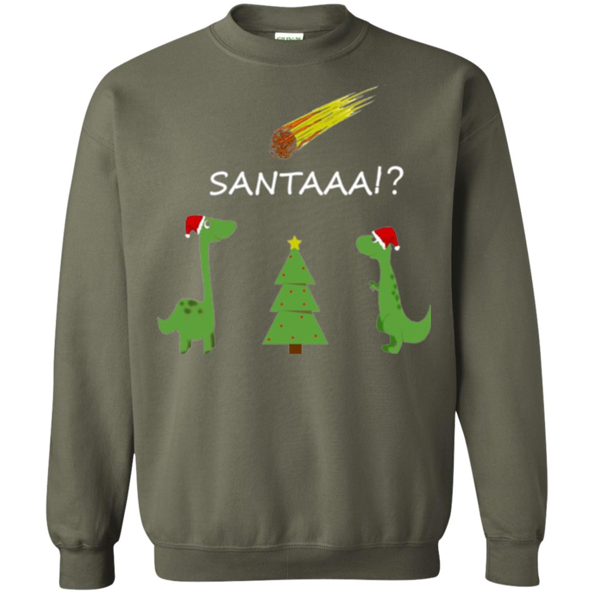 Christmas T-shirt Funny Dinosaus Santaaa Military Green