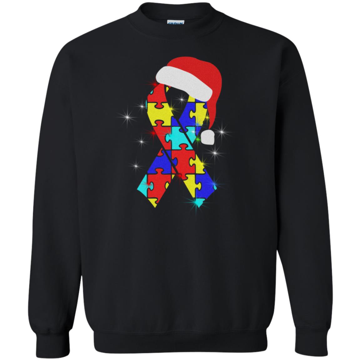 Autism Puzzle Ribbon Santa Hat X-mas Gift Shirt Black