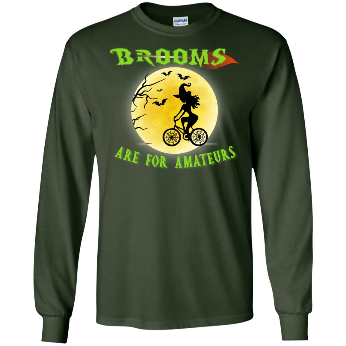Brooms Are For Amateurs Witches Ride A Bicycle Funny Halloween Shirt Forest Green