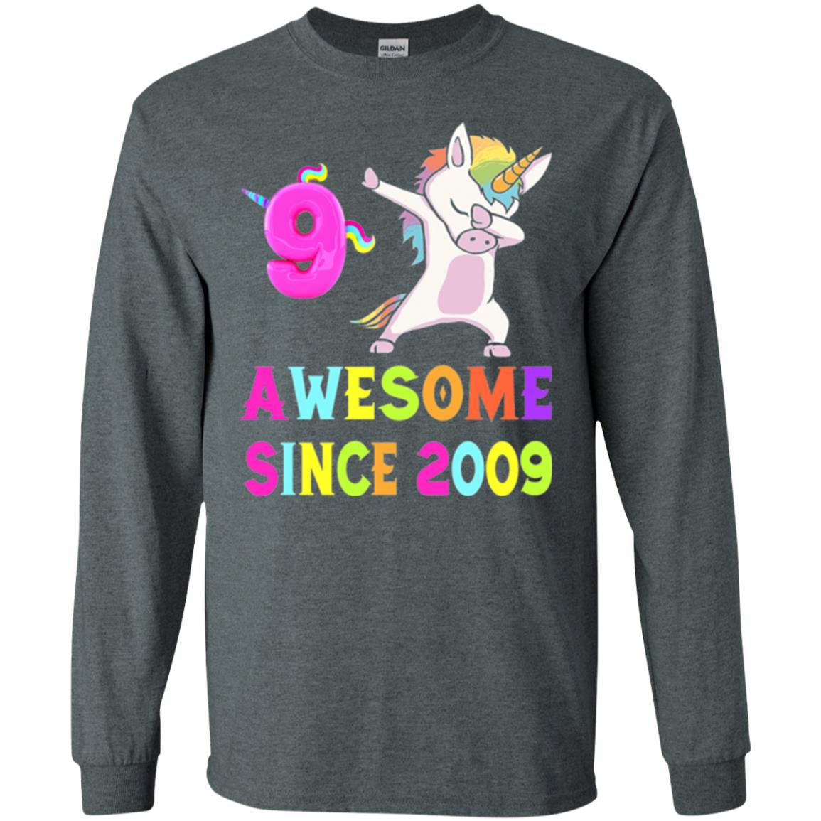 9th Birthday T-shirt Unicorn Dabbing Awesome Since 2009 Dark Heather