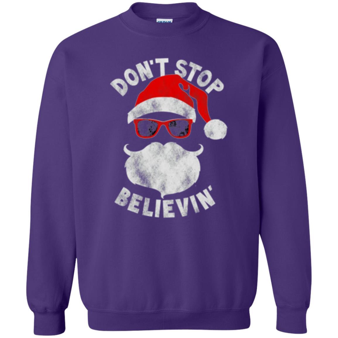 Christmas T-shirt Don't Stop Believing Cool Shades Santa Purple
