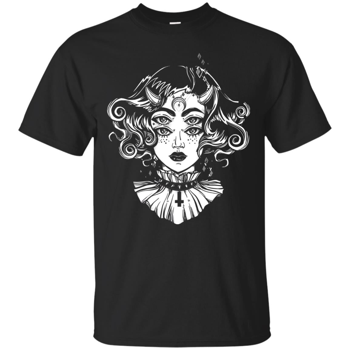 Horned Devil Girl Tshirt Satanic Halloween Glitch Goth Black