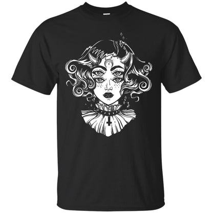 Horned Devil Girl Tshirt Satanic Halloween Glitch Goth Black