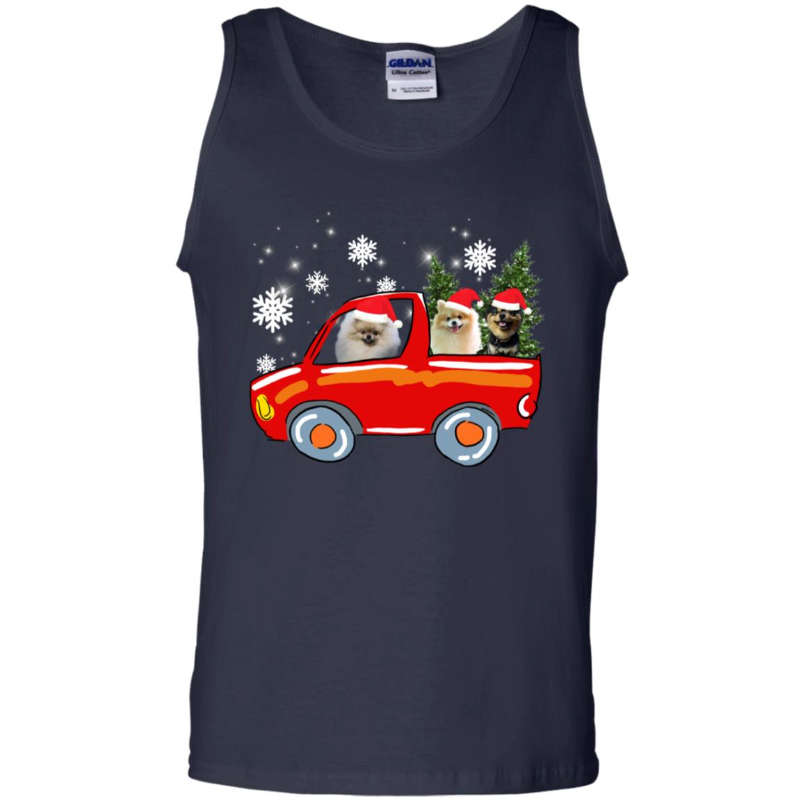 Pomeranians Dogs On Car Merry Christmas Gift Shirt Navy