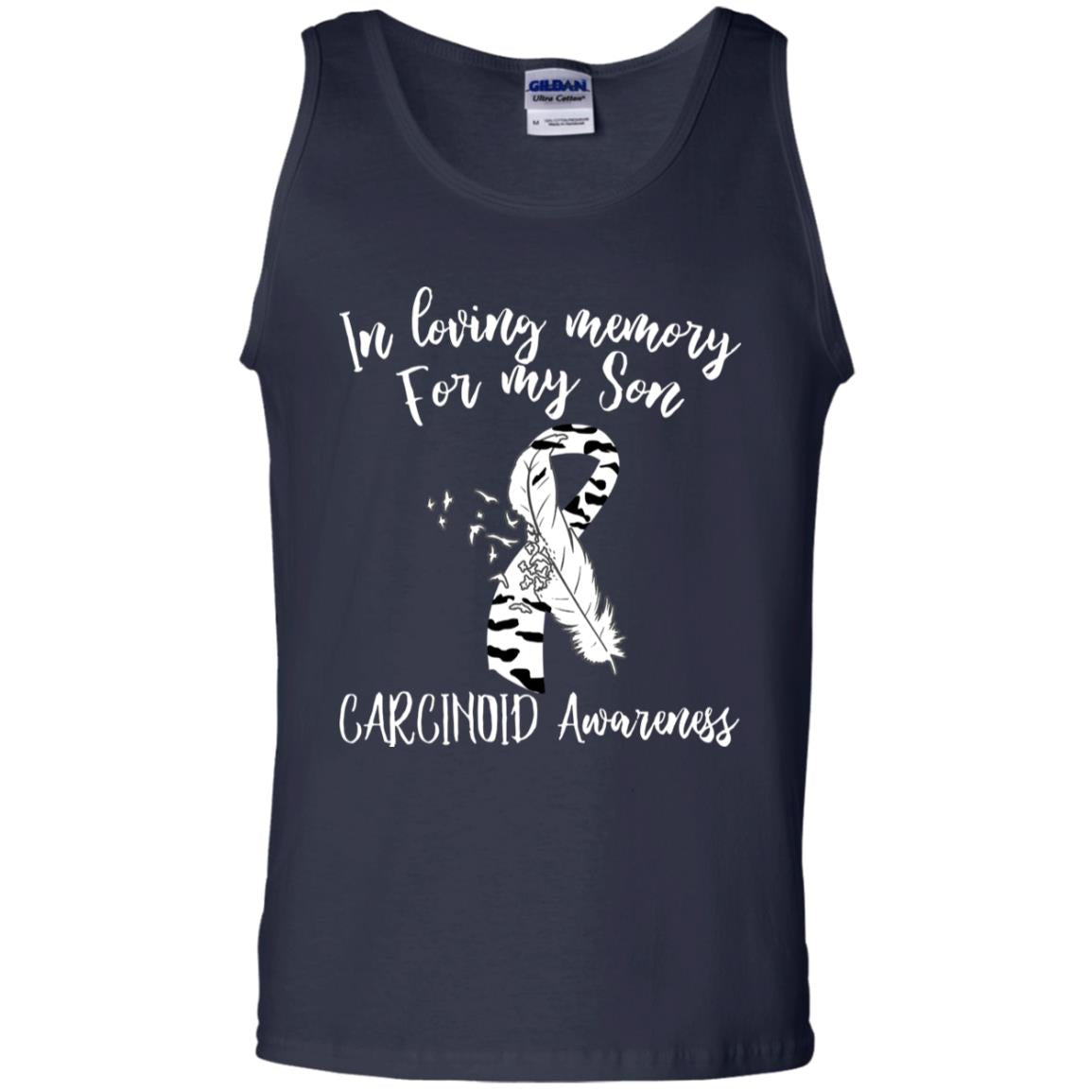 In Loving Memory For My Son Carcinoid Awarenss Zebra Stripe Ribbons Shirt Navy