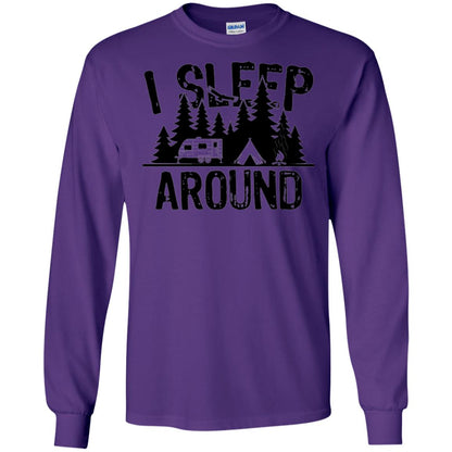 Funny Camping T-shirt I Sleep Around Purple