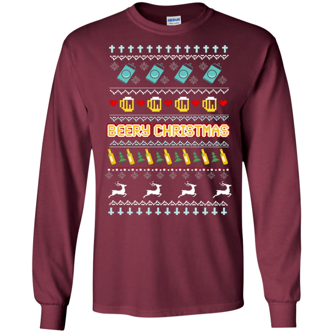Beery Christmas Merry X-mas Beer Drinking Lovers Gift Shirt Maroon