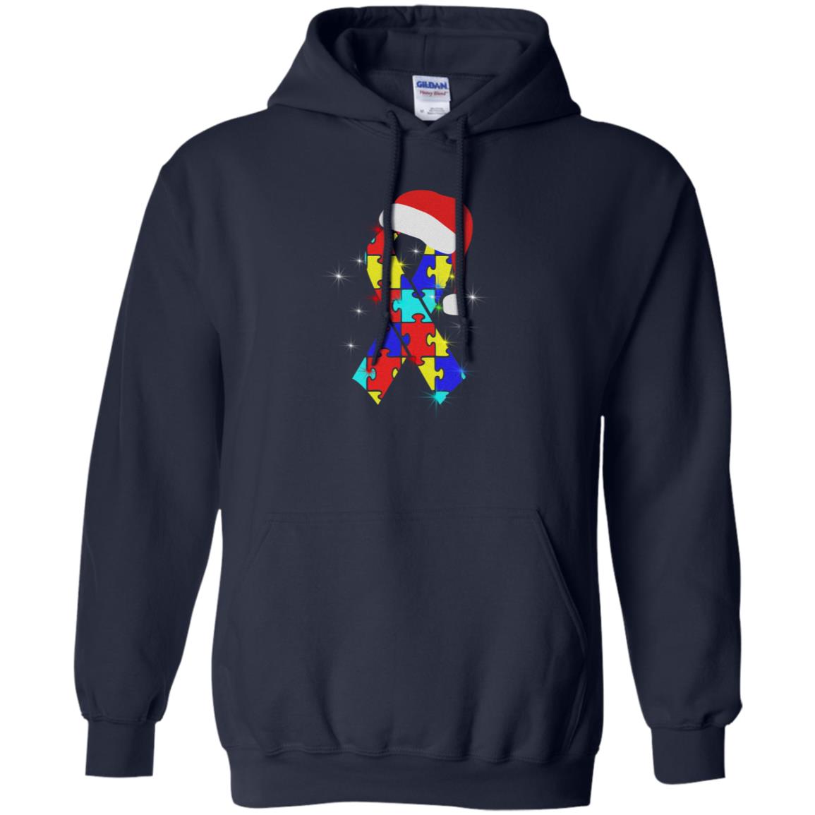 Autism Puzzle Ribbon Santa Hat X-mas Gift Shirt Navy