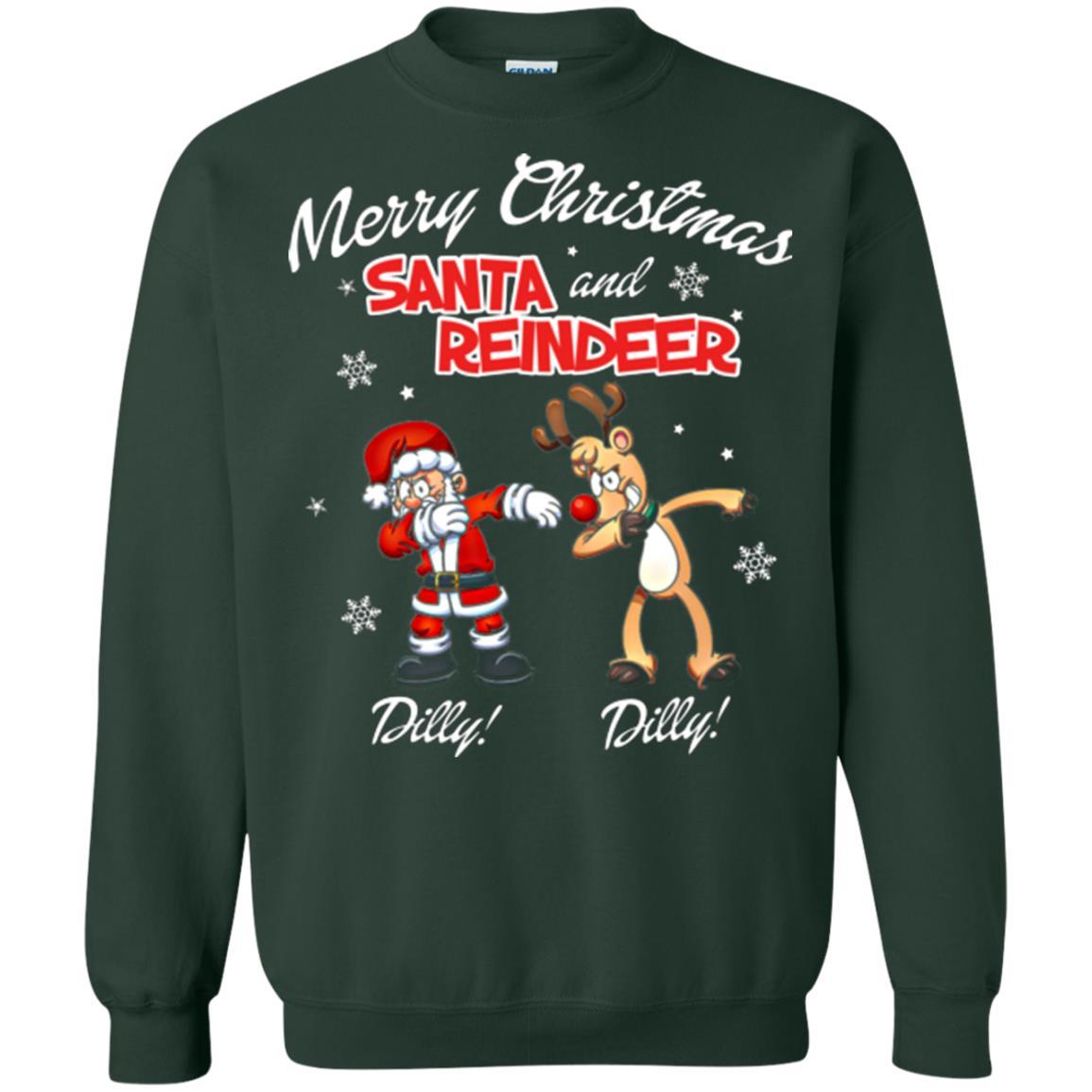 Christmas T-shirt Merry Christmas Santa And Reindeer Dilly Dilly Forest Green