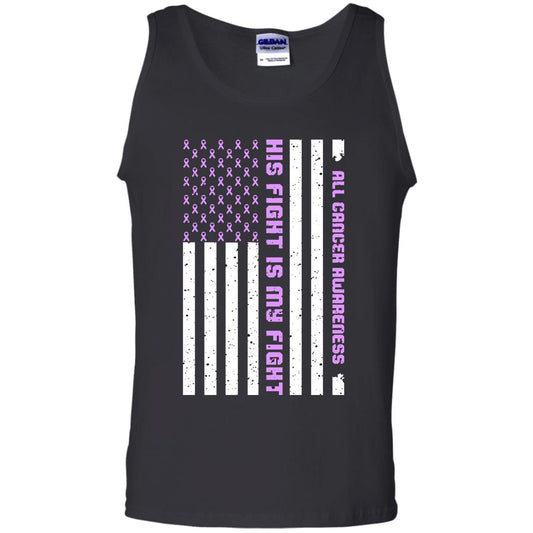 All Cancer Awareness His Fight Is My Fight Lavender Ribbon Stars Flag Of Usa Shirt Black