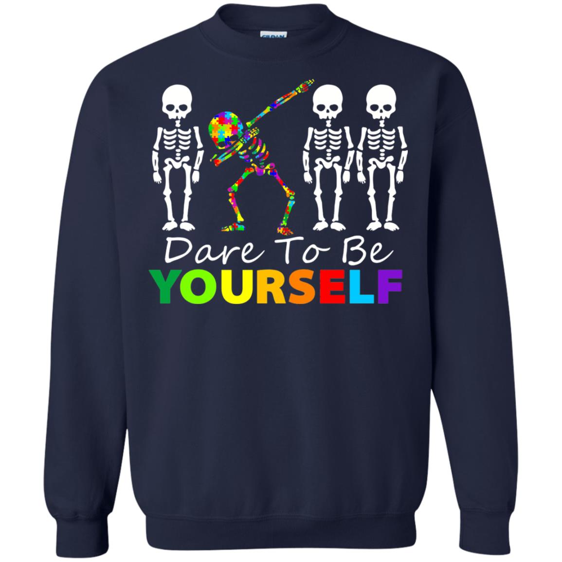 Skeleton Dabbing Dare To Be Yourself Autism Awareness Shirt Navy
