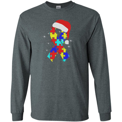 Autism Puzzle Ribbon Santa Hat X-mas Gift Shirt Dark Heather