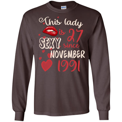 This Lady Is 27 Sexy Since November 1991 27th Birthday Shirt For November Womens Dark Chocolate