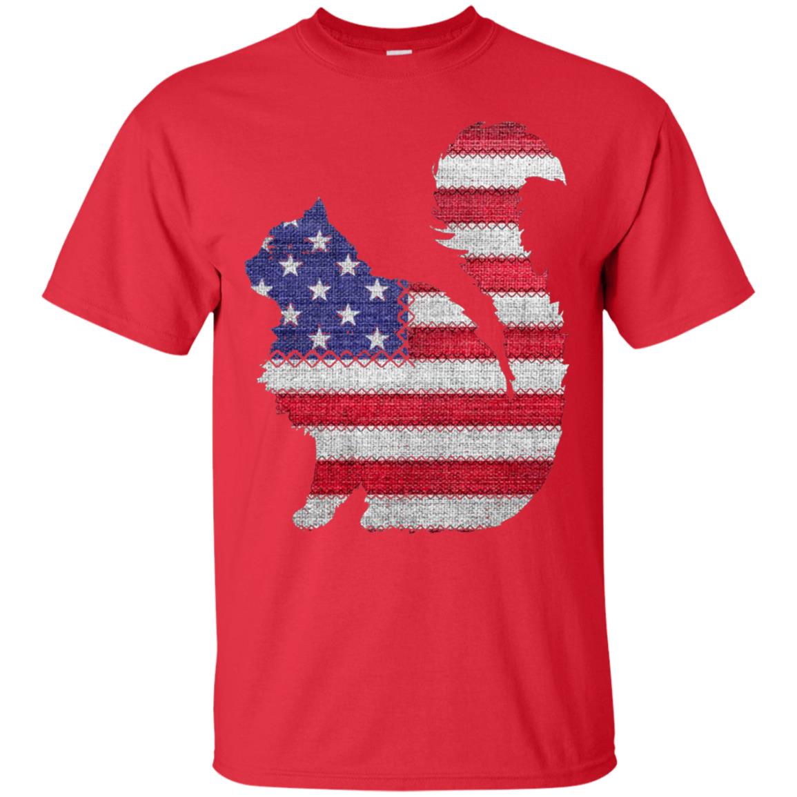 Patriotic Maine Coon American Flag Embroidery T-shirt Red
