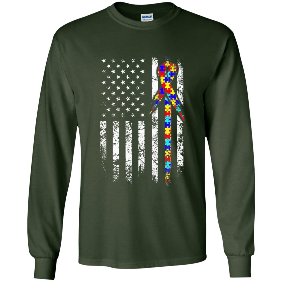 American Flag Distressed Autism Awareness T-shirt Forest Green