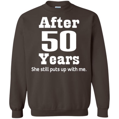 50th Anniversary T-shirt She Still Put Up With Me Dark Chocolate