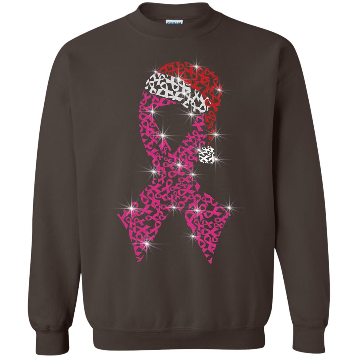 Pink Ribbon With Santa Hat Breast Cancer Awareness X-mas Gift Shirt Dark Chocolate