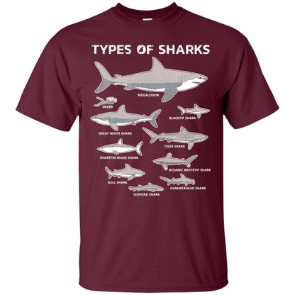 9 Types Of Sharks Educational Academic Ocean T-shirt Maroon