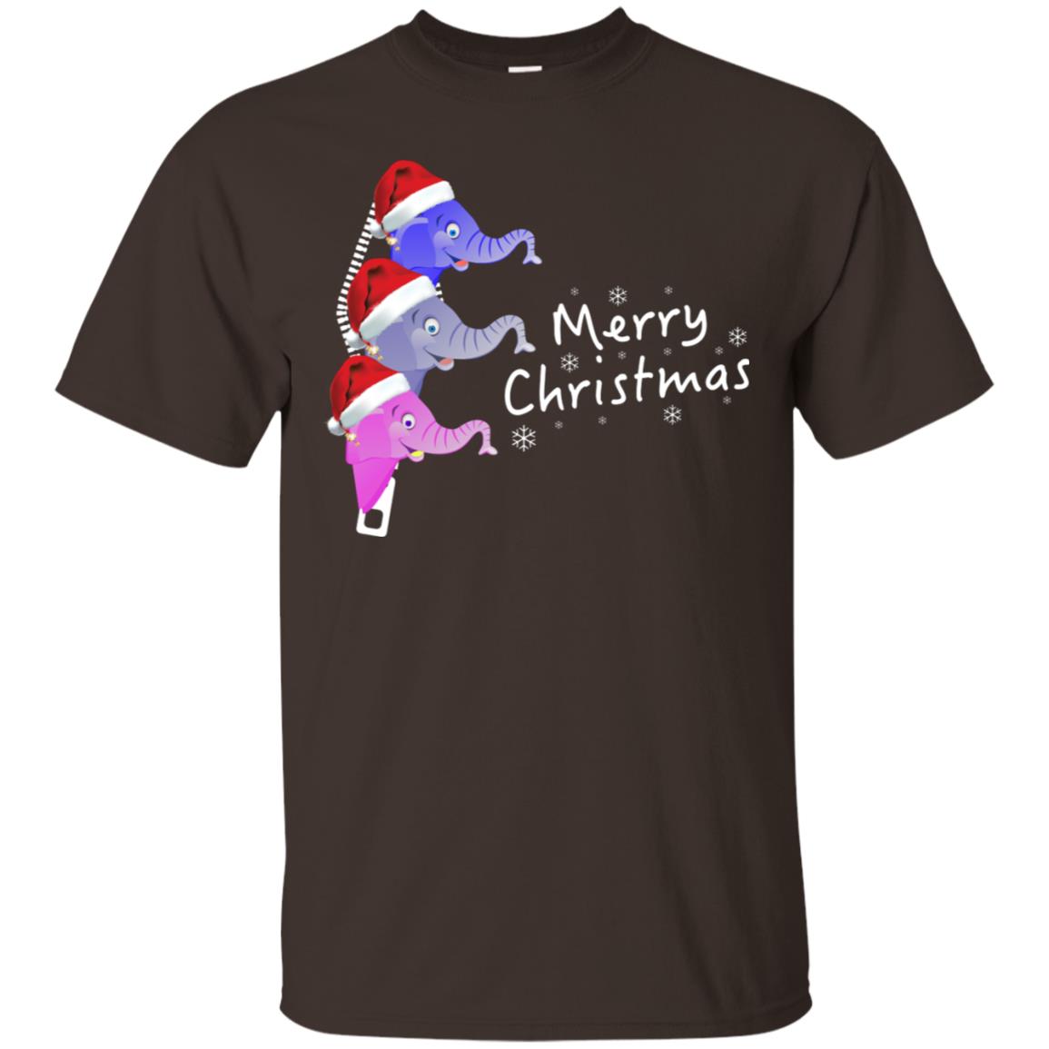 Merry Christmas Elephant With Santa Hat In Pocket Zip X-mas Gift Shirt Dark Chocolate