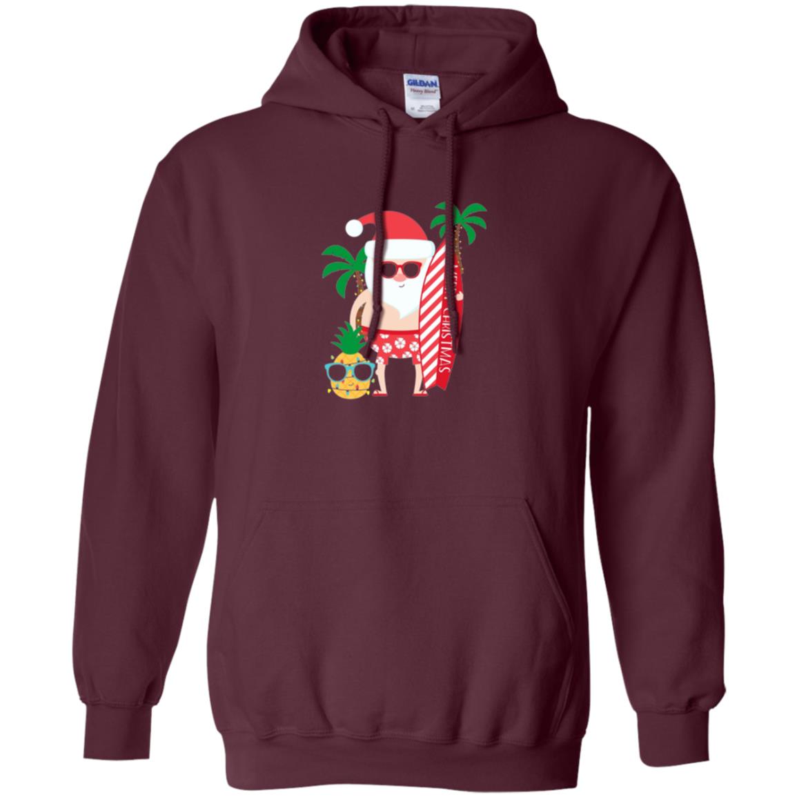 Christmas T-shirt Santa Claus Surfing Hawaiian Maroon