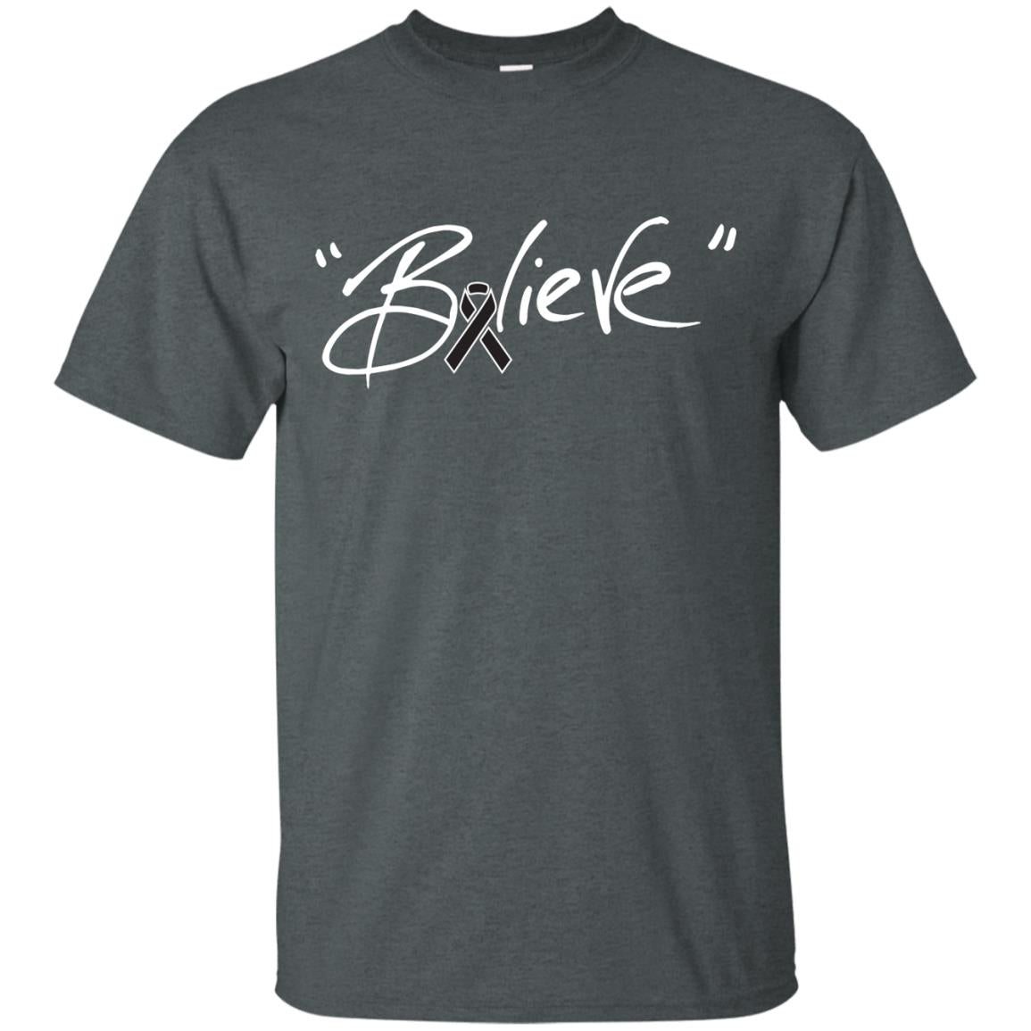 Melanoma Cancer Awareness Shirt Black Ribbon Believe Dark Heather