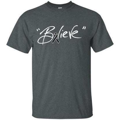Melanoma Cancer Awareness Shirt Black Ribbon Believe Dark Heather