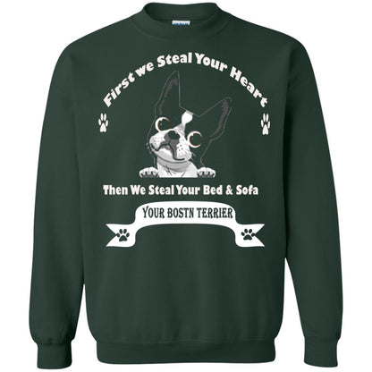 Frist We Steal Your Heart Boston Terrier T-shirt Forest Green