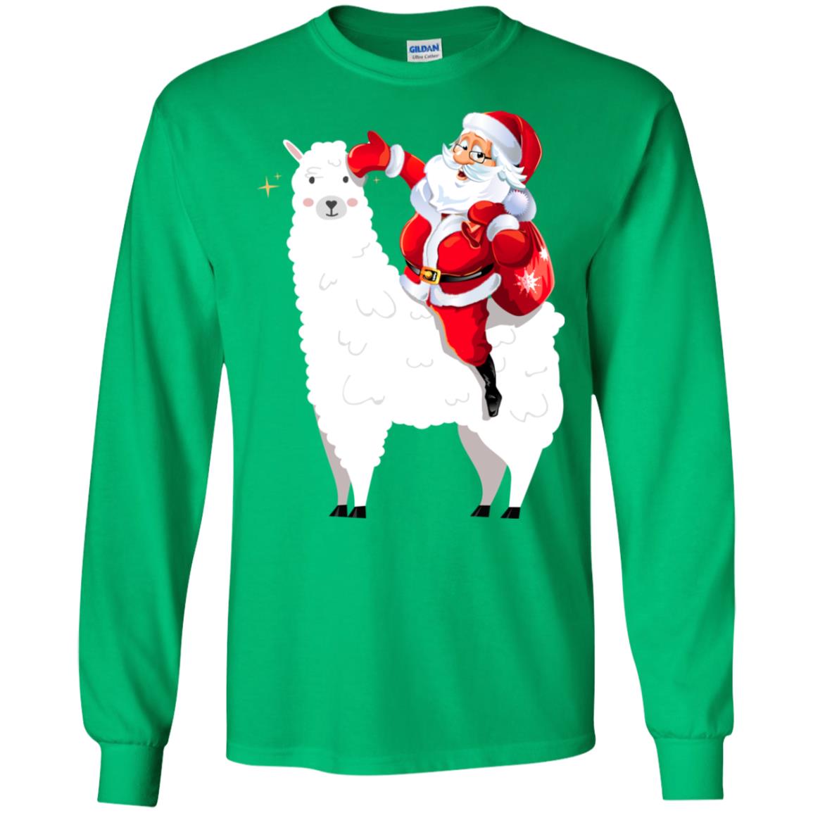 Alpaca Llama And Santa Claus X-mas Gift Shirt Irish Green