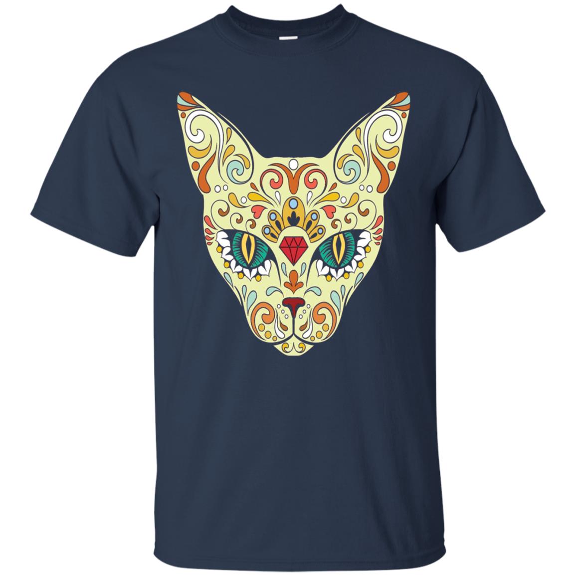 Cat Sugar Skull Design T-shirt Navy