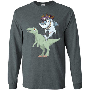 Shark Pirate Riding A T-rex Dinosaur Funny Gift ShirtG240 Gildan LS Ultra Cotton T-Shirt
