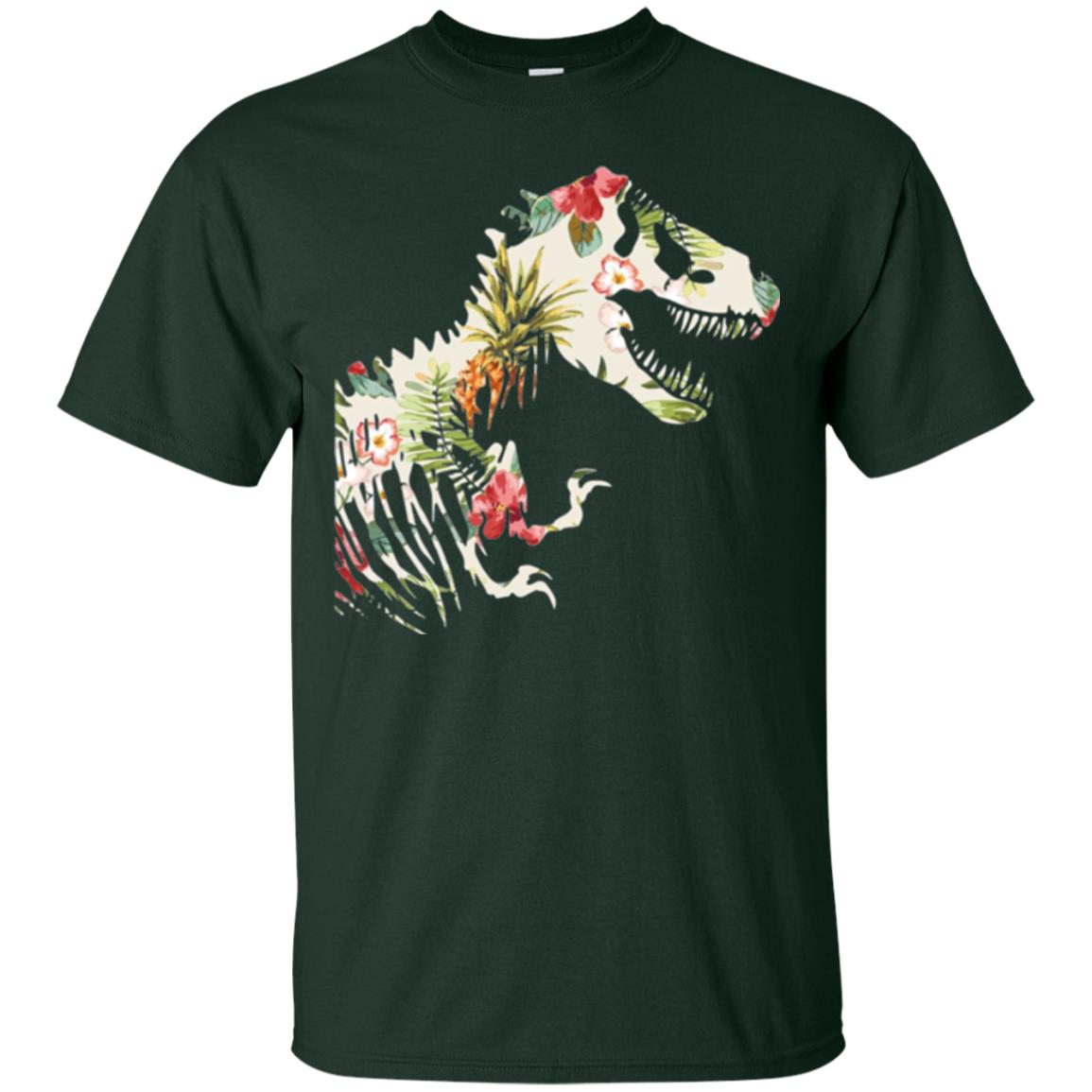 Dinosaur T-shirt Floral Tropical Hawaiian Pattern T Rex Forest Green