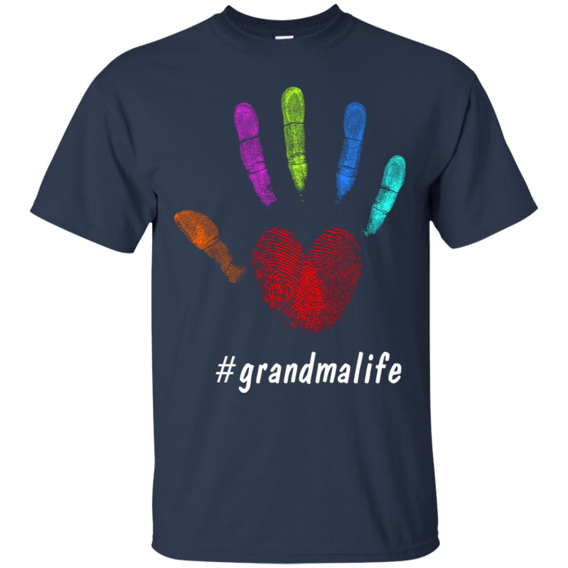 Grandma Life Fingerprint Heart Hand Grandmom Grandmother Shirt Navy
