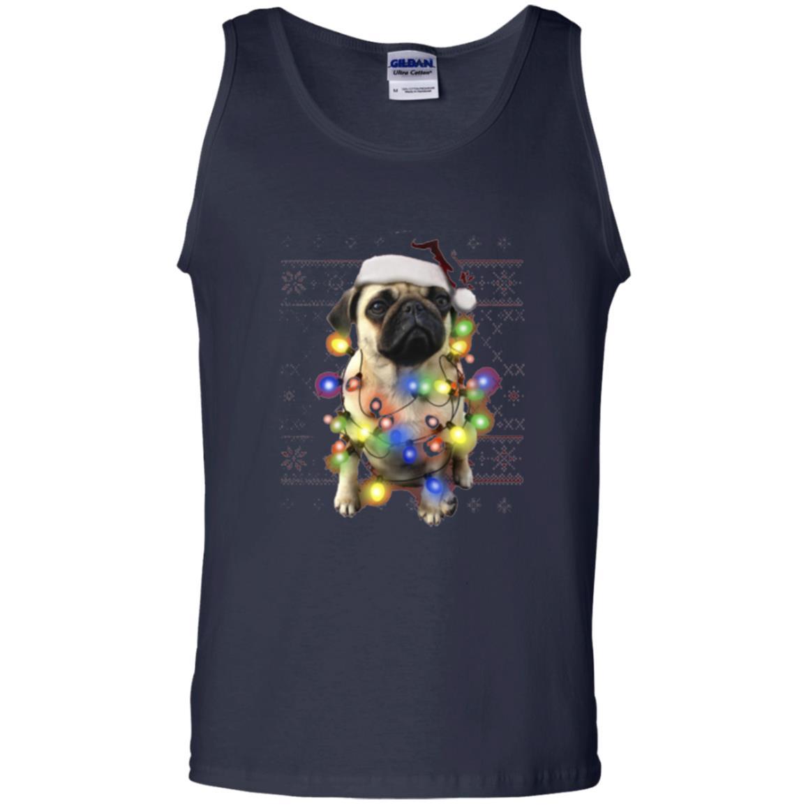 Dog Lover T-shirt Ugly Sweater Photoreal Christmas Lights Pug Graphic Navy