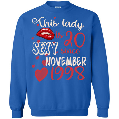 This Lady Is 20 Sexy Since November 1998 20th Birthday Shirt For November Womens Royal
