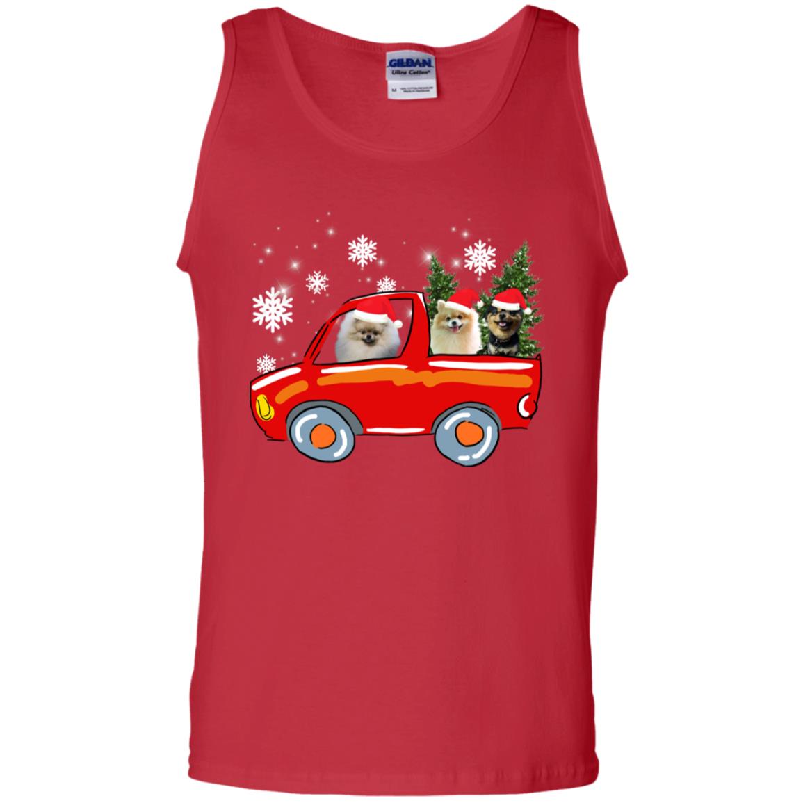 Pomeranians Dogs On Car Merry Christmas Gift Shirt Red
