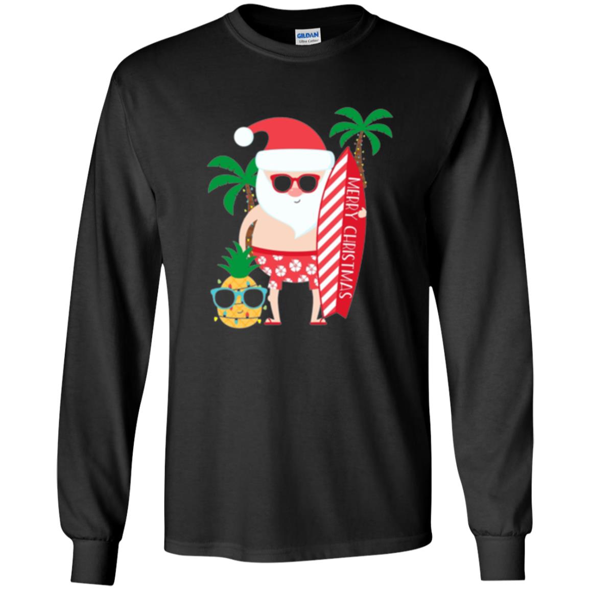 Christmas T-shirt Santa Claus Surfing Hawaiian Black