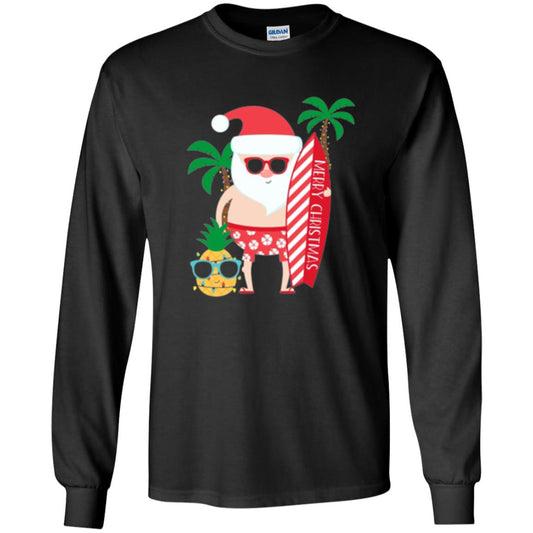 Christmas T-shirt Santa Claus Surfing Hawaiian Black