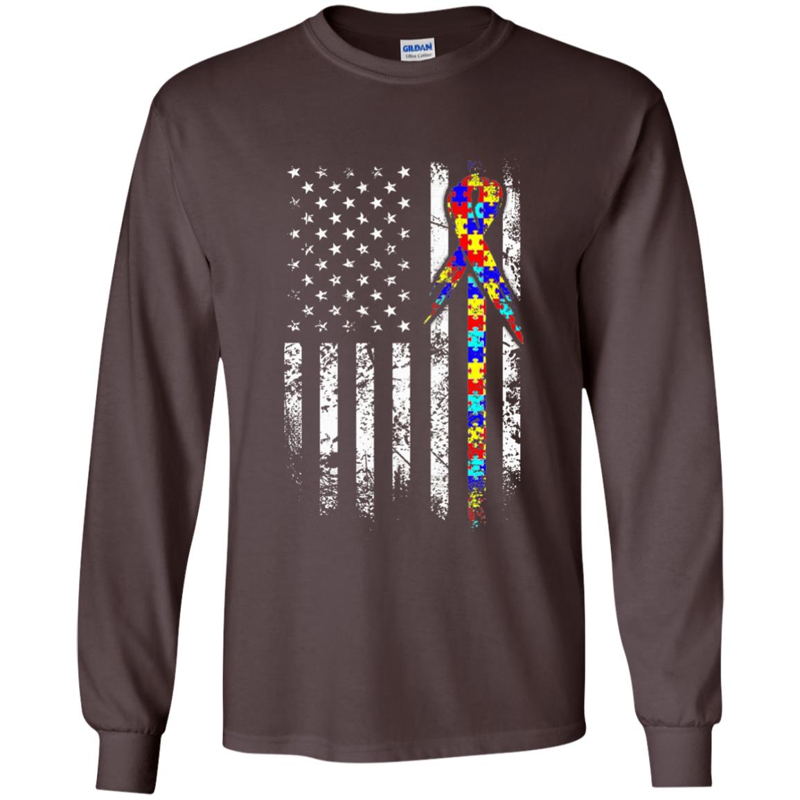 American Flag Distressed Autism Awareness T-shirt Dark Chocolate