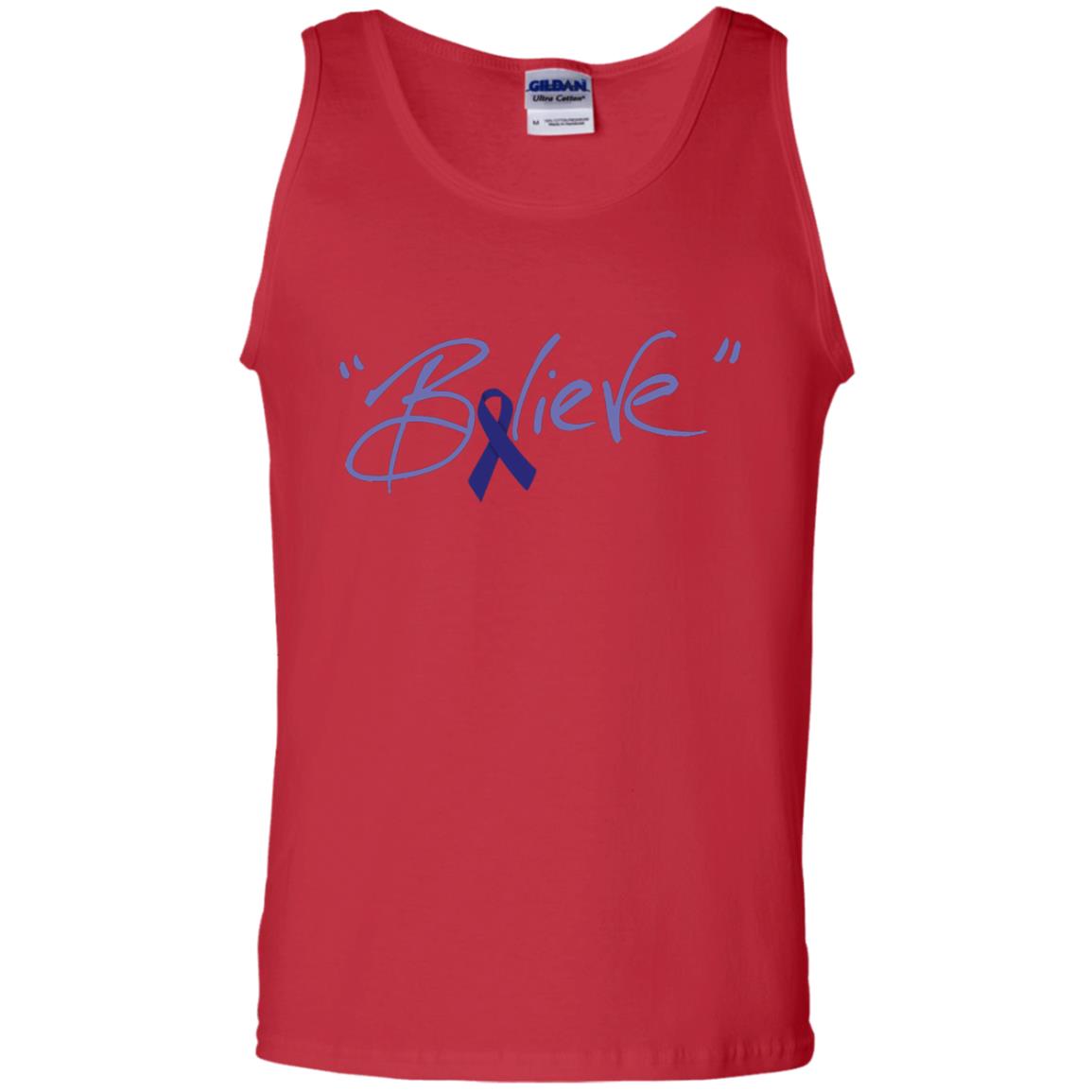 Colon Cancer Awareness Shirt Dark Blue Ribbon Believe Red