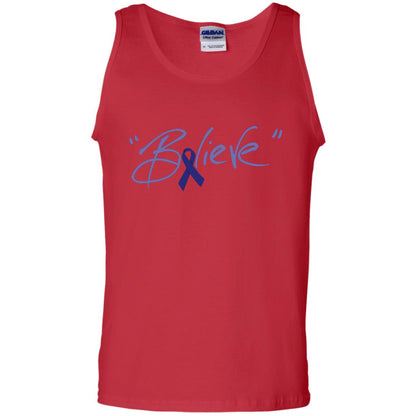 Colon Cancer Awareness Shirt Dark Blue Ribbon Believe Red