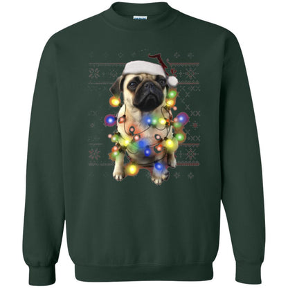 Dog Lover T-shirt Ugly Sweater Photoreal Christmas Lights Pug Graphic Forest Green