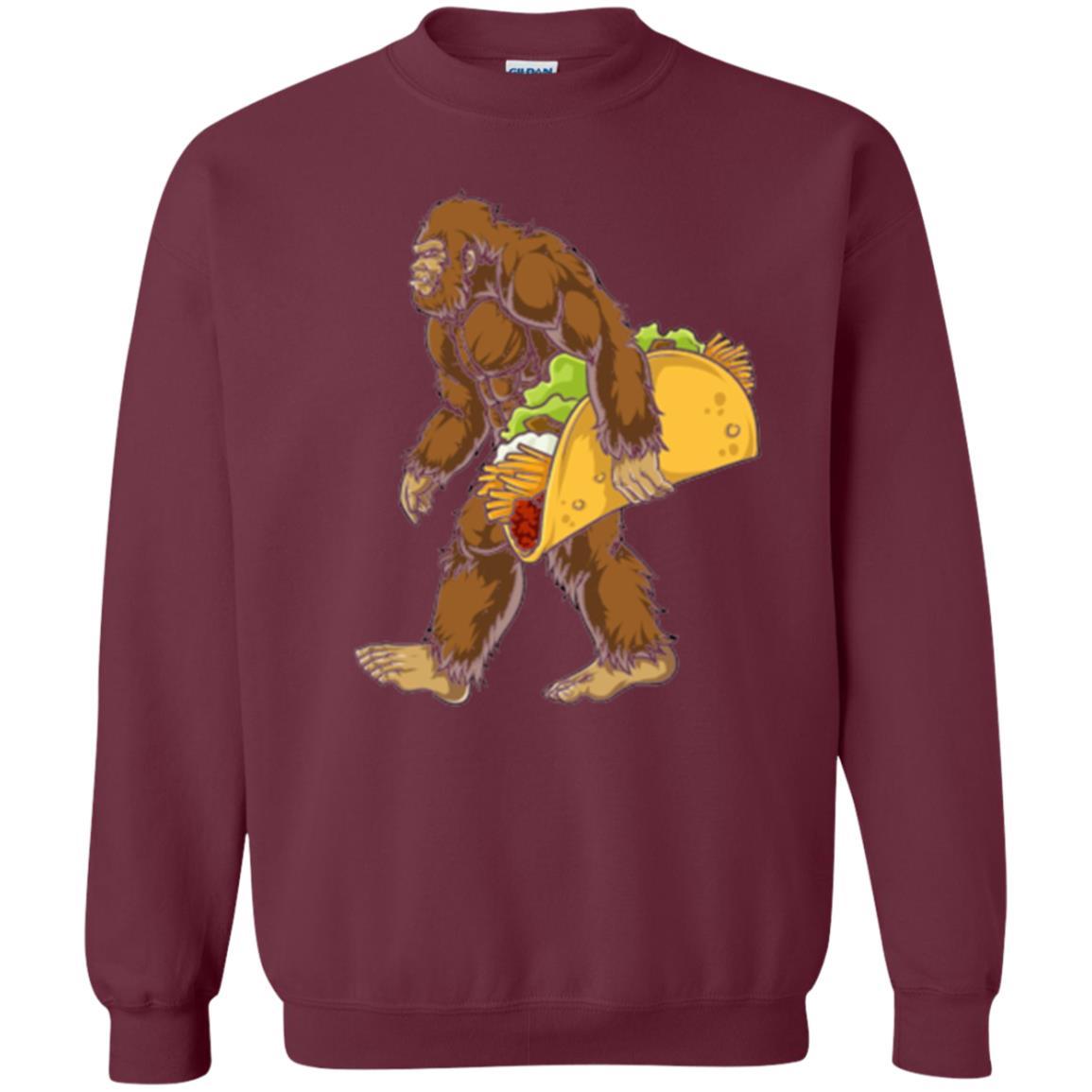 Camping T-shirt Bigfoot Sasquatch Carrying Taco Maroon