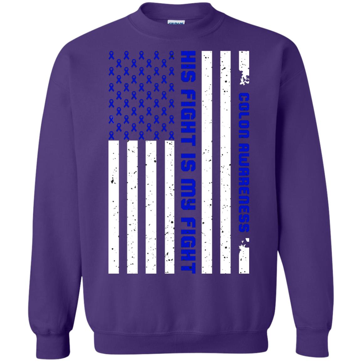 Colon Awareness His Fight Is My Fight Dark Blue Ribbon Stars Flag Of Usa Shirt Purple