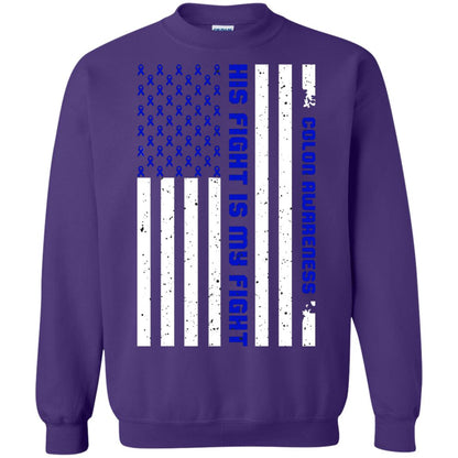 Colon Awareness His Fight Is My Fight Dark Blue Ribbon Stars Flag Of Usa Shirt Purple