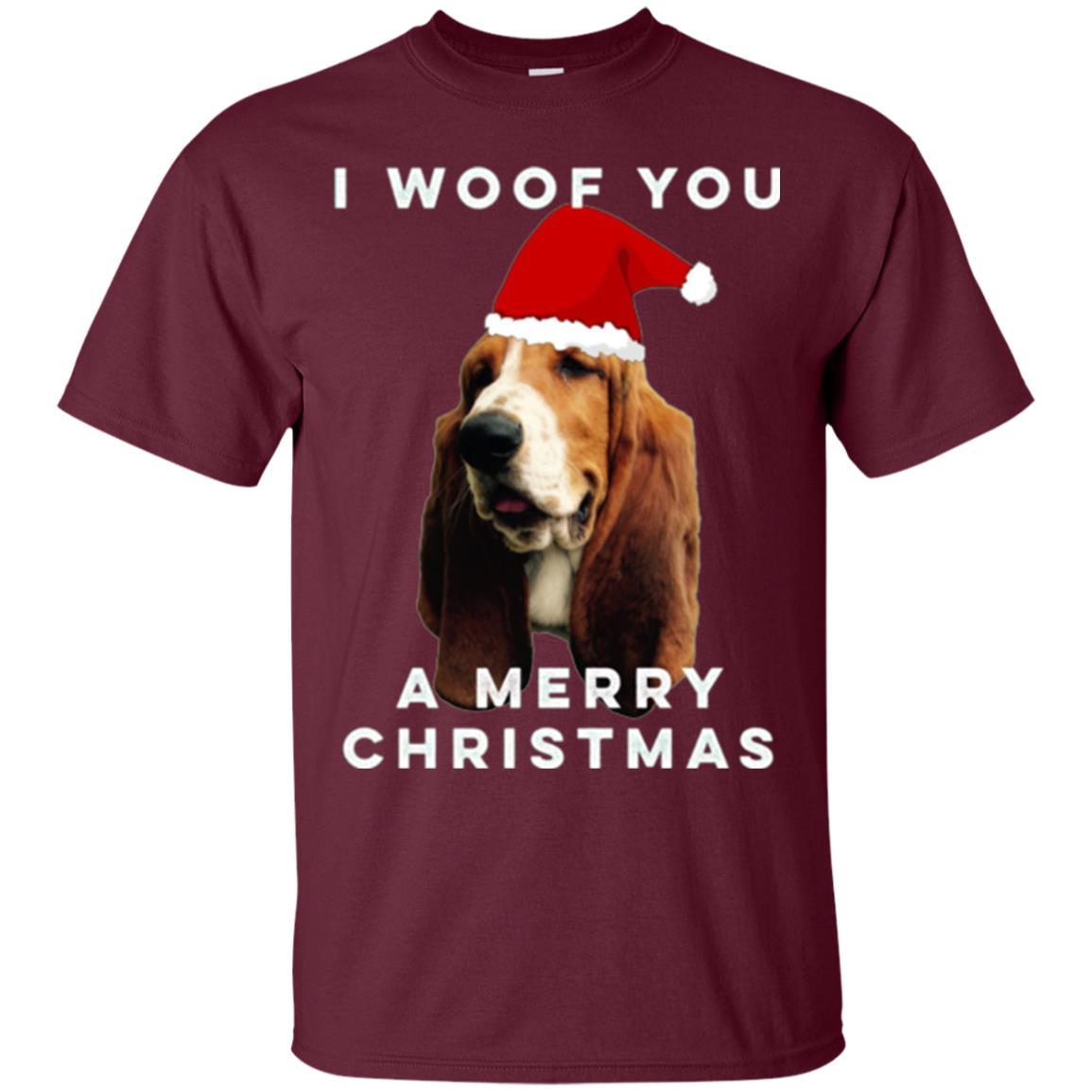 Basset Hound T-shirt I Woof You A Merry Christmas Maroon